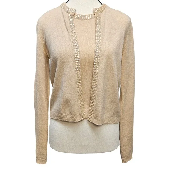 Laundry Shelli Segal Silk Cashmere Sequin Trim Sweater Set Tank Cardigan S V - Picture 3 of 16